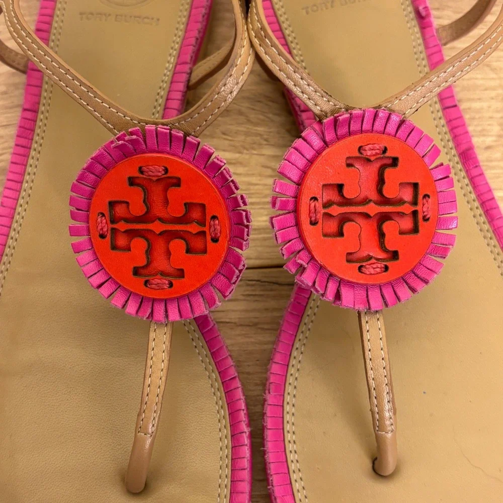 TORY BURCH Miller Fringe Thong Flat Sandals Dusty Cypress/Hibiscus Women Size 7
